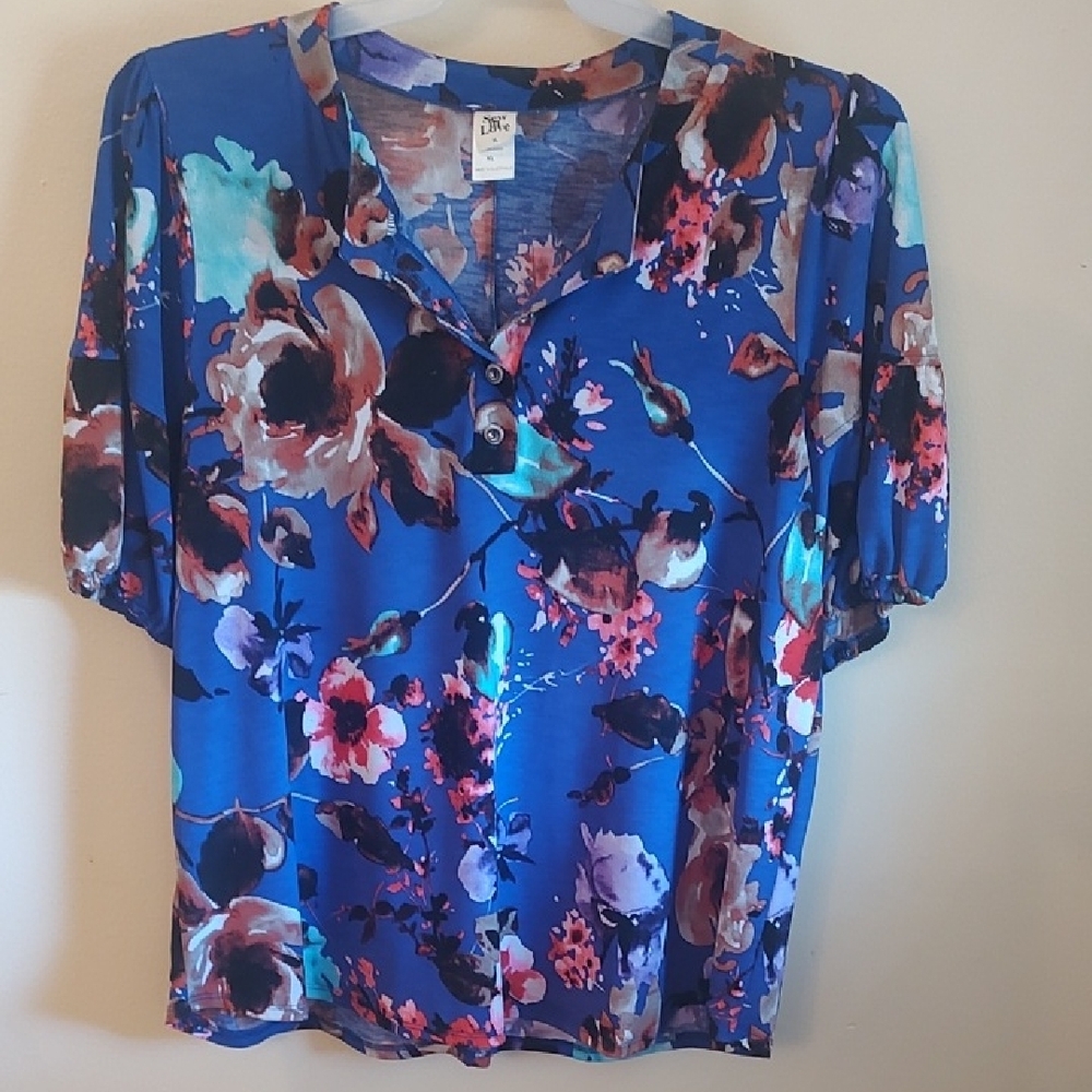 Vibrant Blue Floral Short-Sleeve Blouse